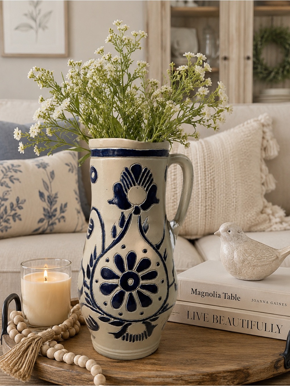 Blue and Cream Floral Ceramic Pitcher Vase